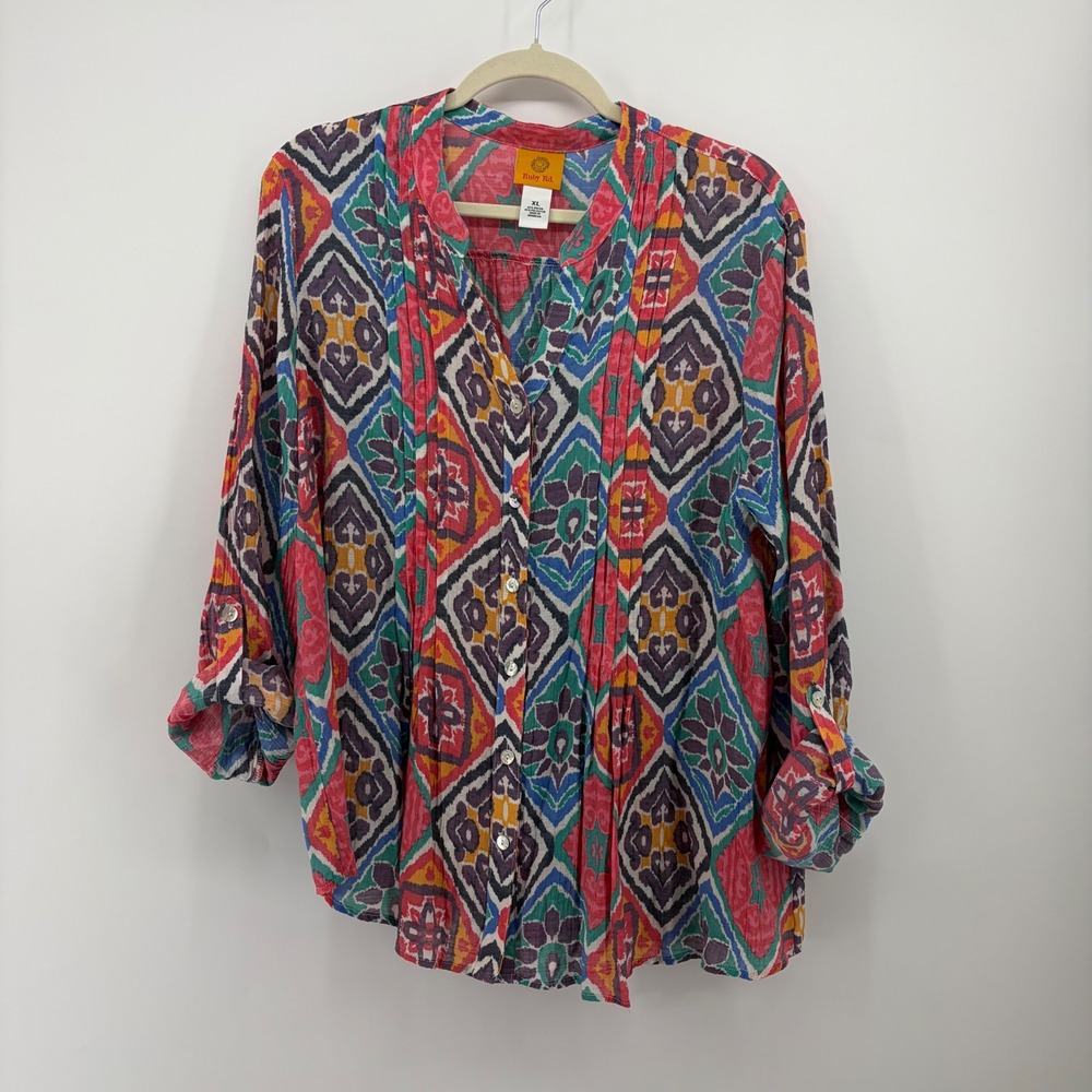 Ruby Rd Womens XL Multicolor Ikat Blouse Roll Tab Sleeve Pintuck Button Front